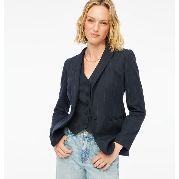 J.Crew Petite One Button Blazer Navy Pinstripe Classic Minimalist US 10P NWT - Picture 1 of 13